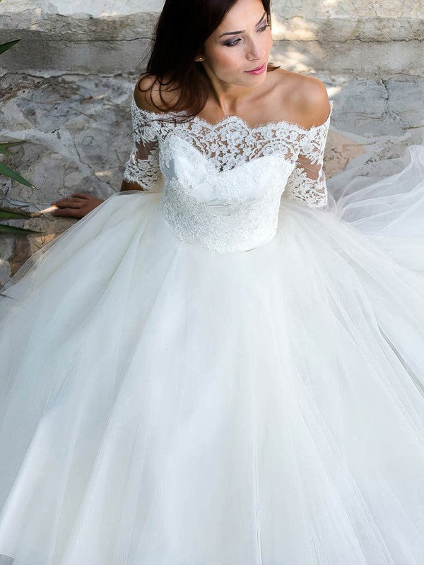 Exquisite Ankle-length Bateau Off-The-Shoulder Half Sleeves Ball Gown Tulle Wedding Dresses