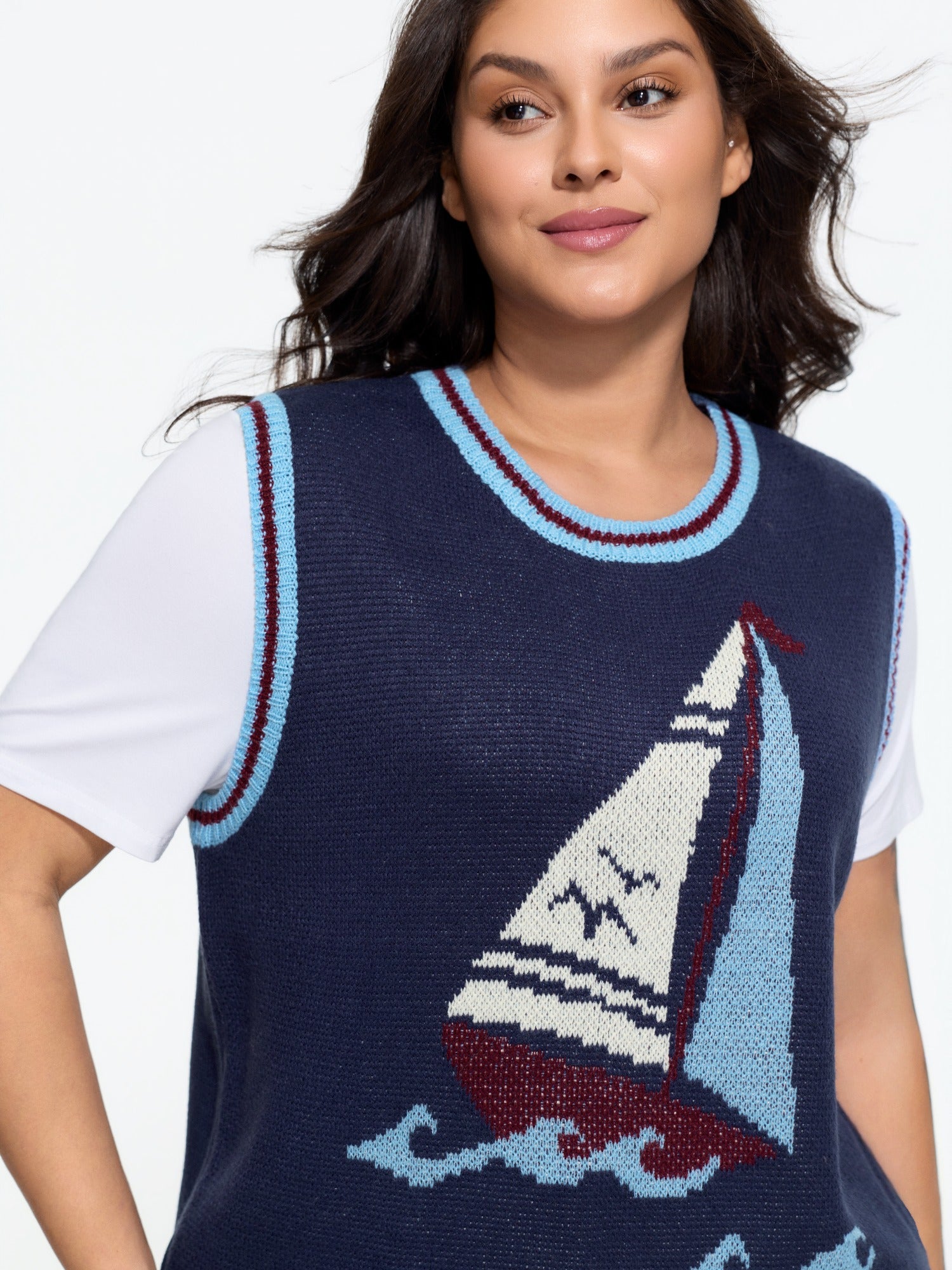 Crew Neck Sailboat Wave Jacquard Sweater Vest