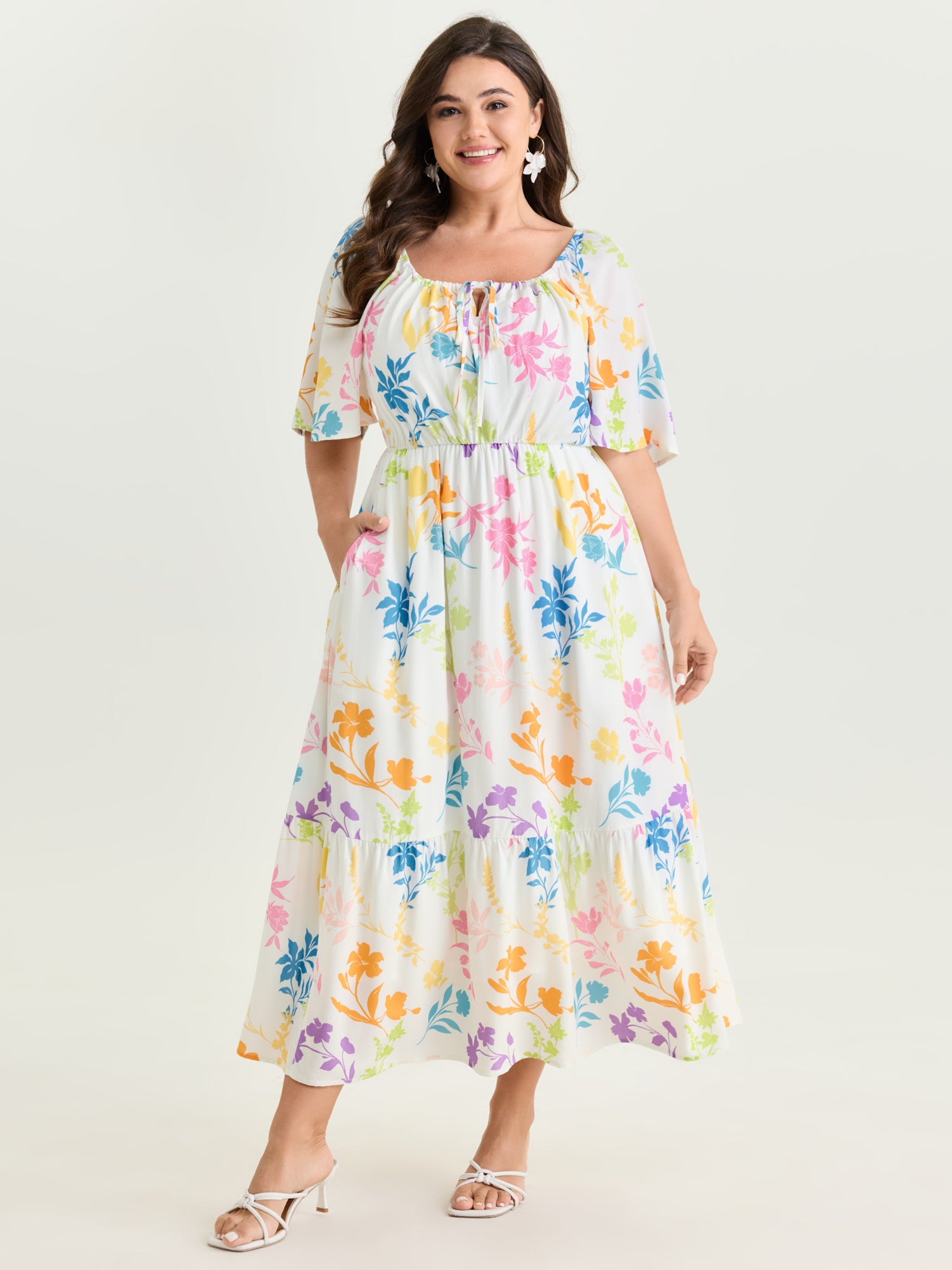 Colorful Floral Print Waist Defining Maxi Dress