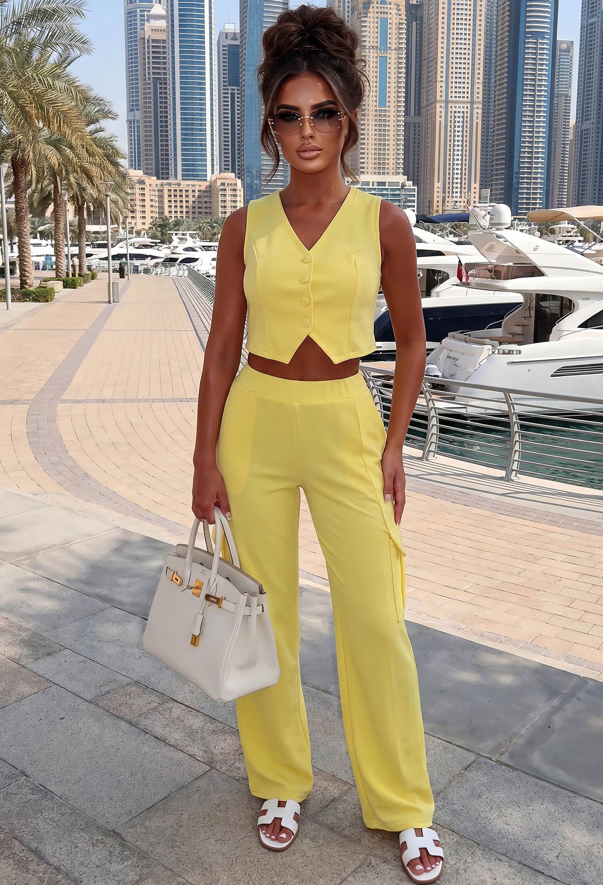 Lined Up For More Lemon Waistcoat & Cargo Trouser Co-Ord Set
