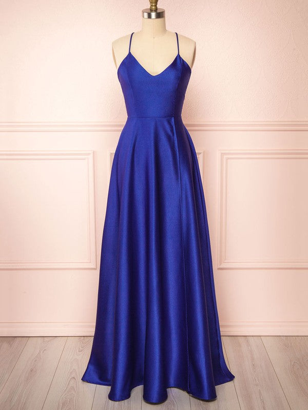 Glamorous A-Line V-Neck Spaghetti Straps Satin Floor-Length Bridesmaid Dresses