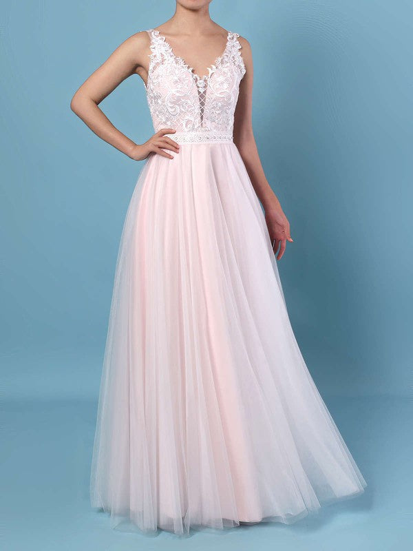 Glamorous Floor-Length V-Neck Sleeveless Lace Tulle A-Line Wedding Dresses with Beads