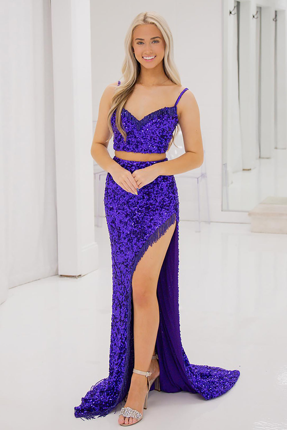 Long Prom Dress with Sparkly Purple Sequins and Fringe in Two-Piece Spaghetti Straps Style