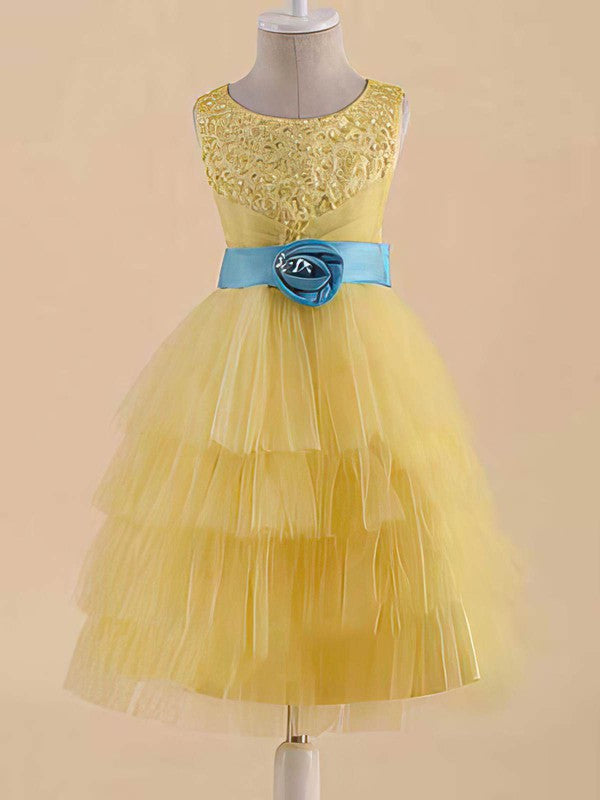 Elegant Ball Gown Crew Neck Sleeveless Tulle Flower Girl Dresses with Sash