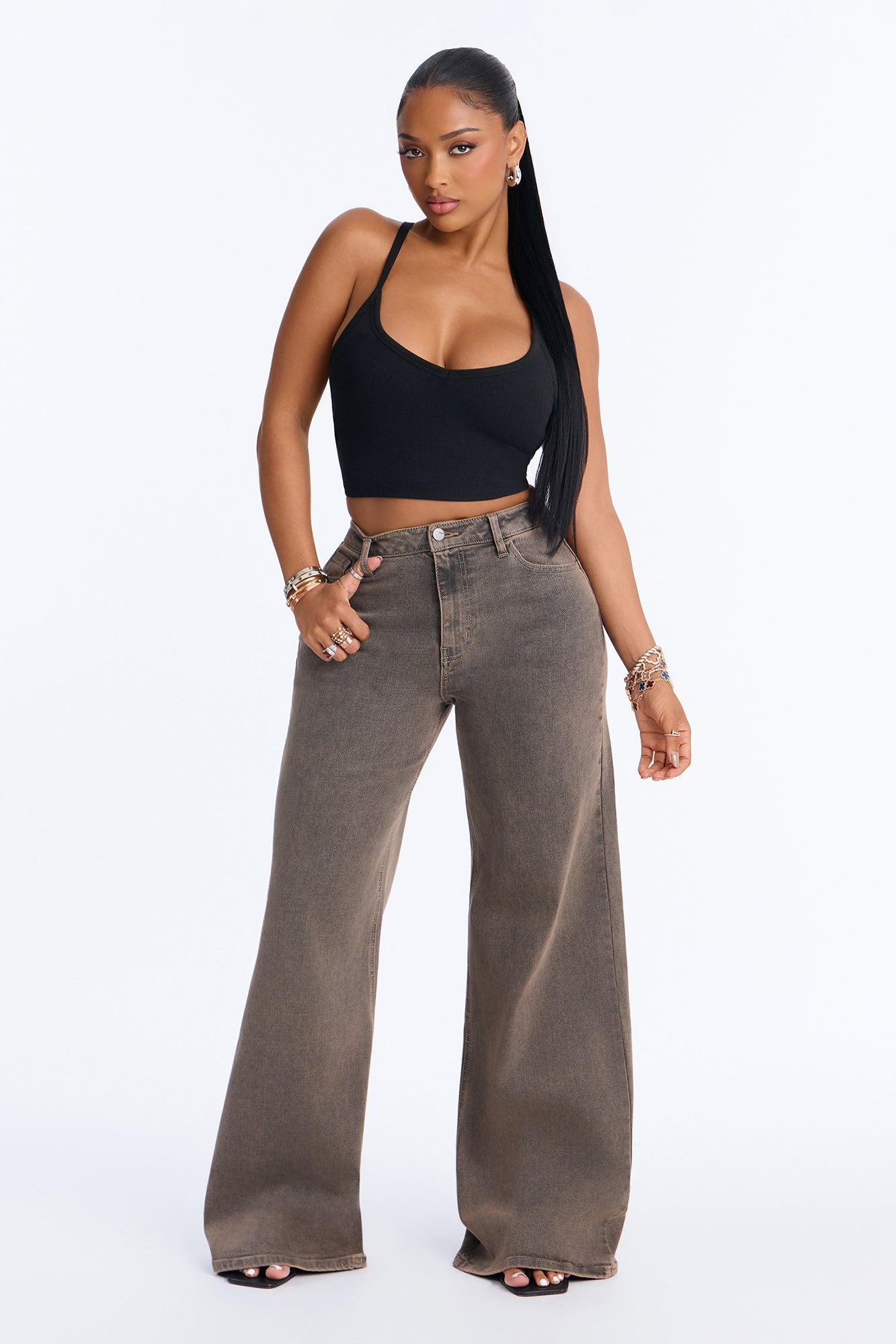 Slow Burn High Rise Stretch Wide Leg Jeans - Brown