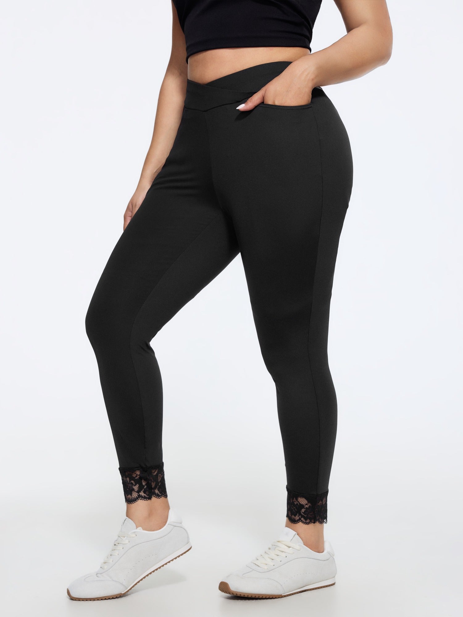 Stretch Crossover Waist Lace Trim Pocket Leggings