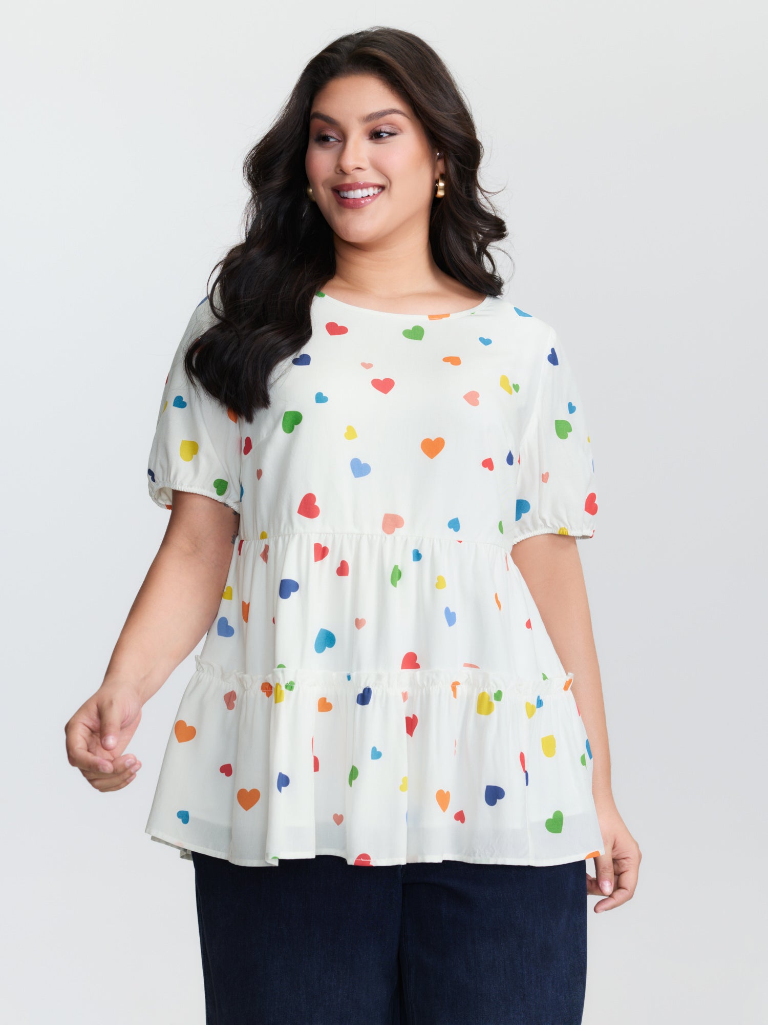 Supersoft Colorful Hearts Tiered Round Neck Blouse
