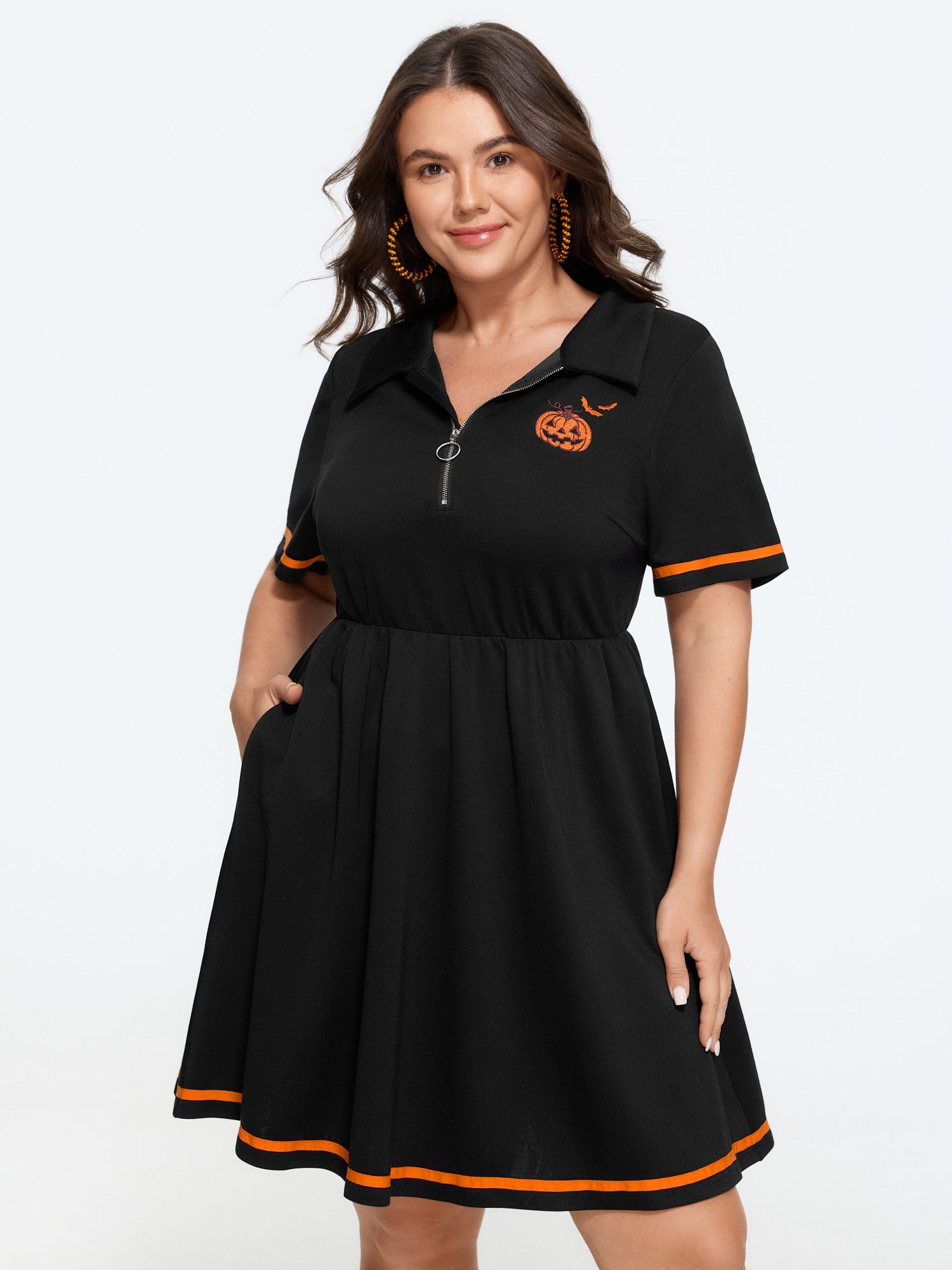 Pumpkin Embroidery Contrast Trim Half Zip Mini Dress