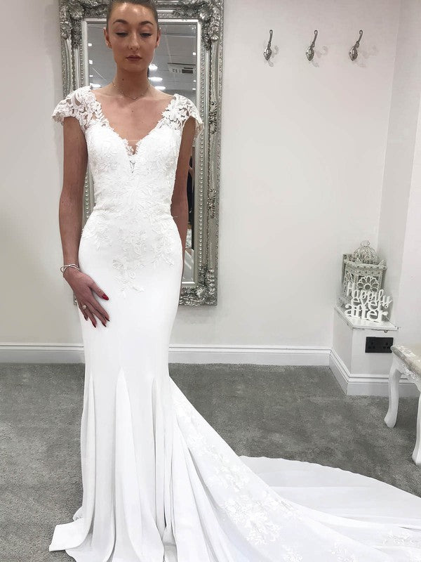 Chic Chapel Train V-Neck Capped Mermaid Stretch Satin Wedding Dresses with Appliques
