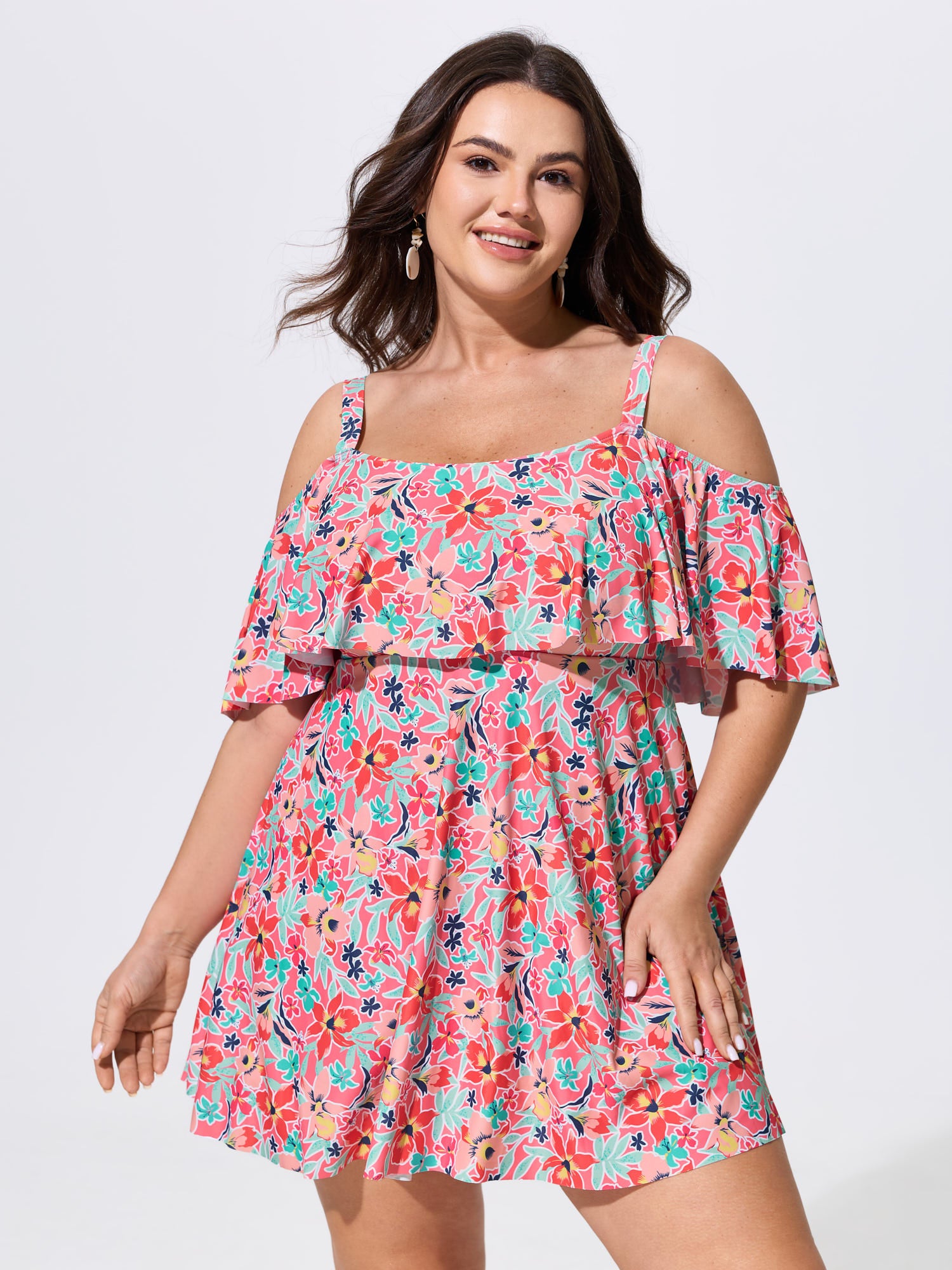 Floral Ruffle Trim Off Shoulder Pockets Swim Dress