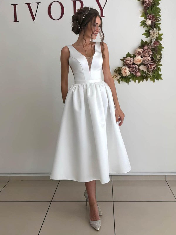 Beautiful Deep V-Neck Sleeveless Satin Tea-Length Wedding Dresses