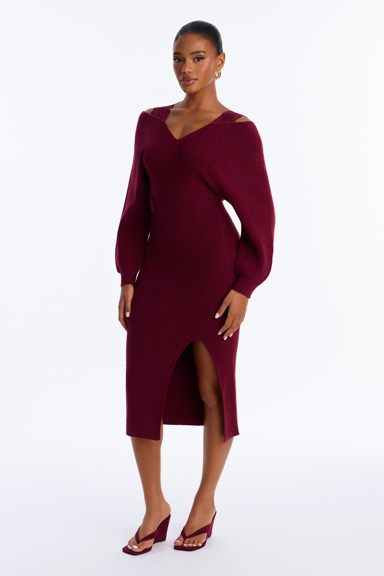 Zadie Lace Trim Sweater Midi Dress - Burgundy