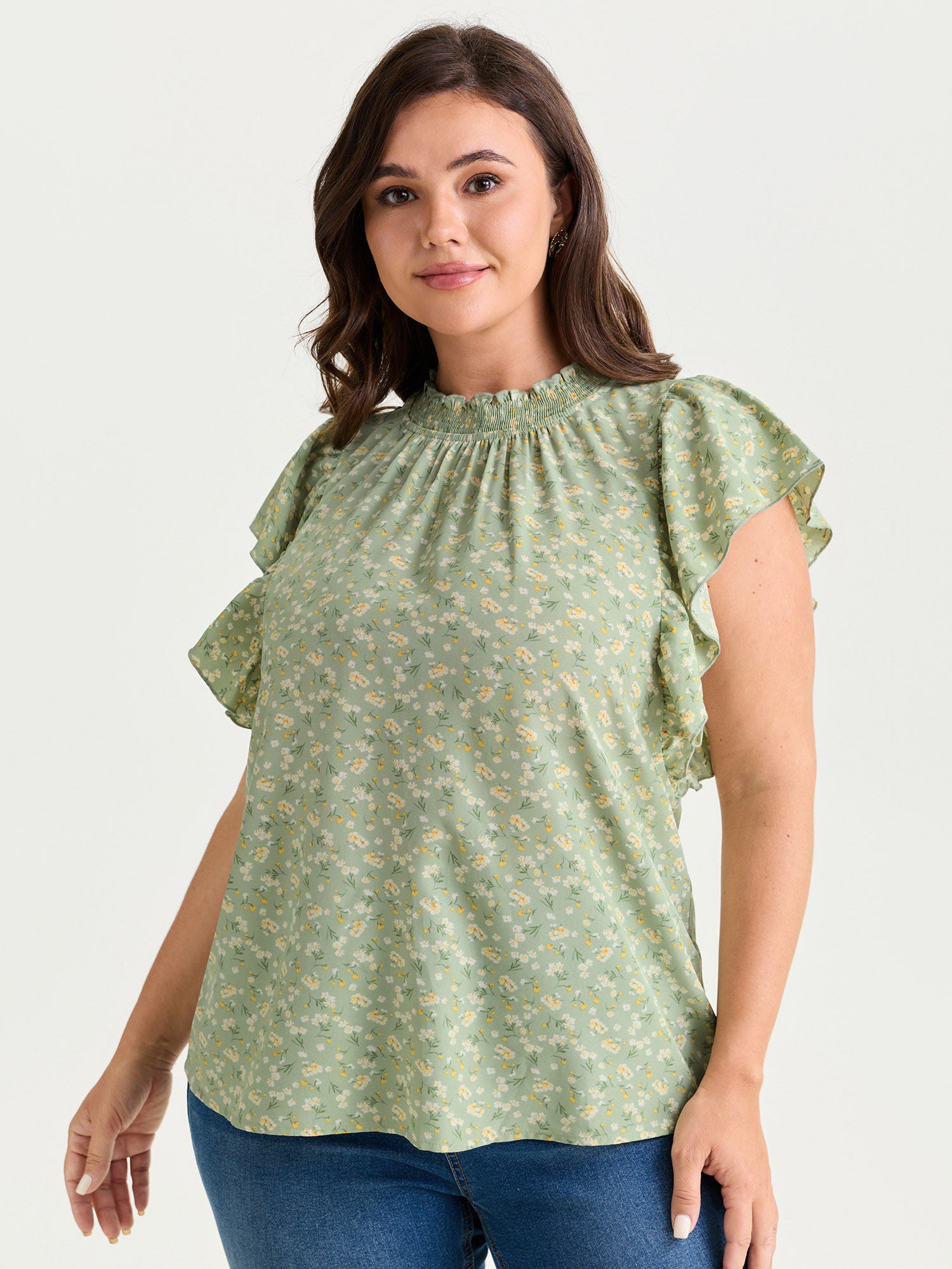 Floral Print Shirred Mock Neckline Blouse