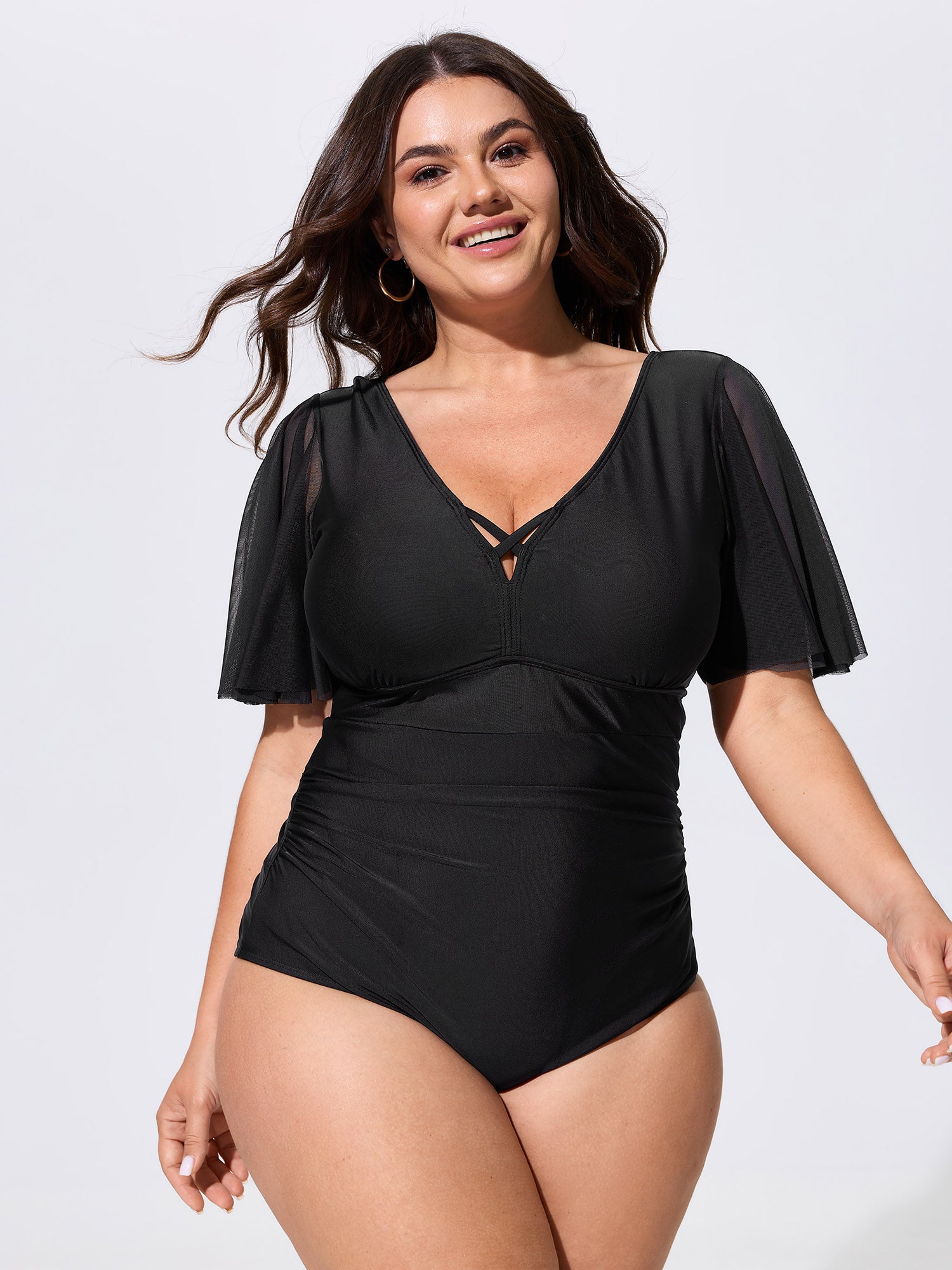 Sheer Backless Ruched One-Piece Swim