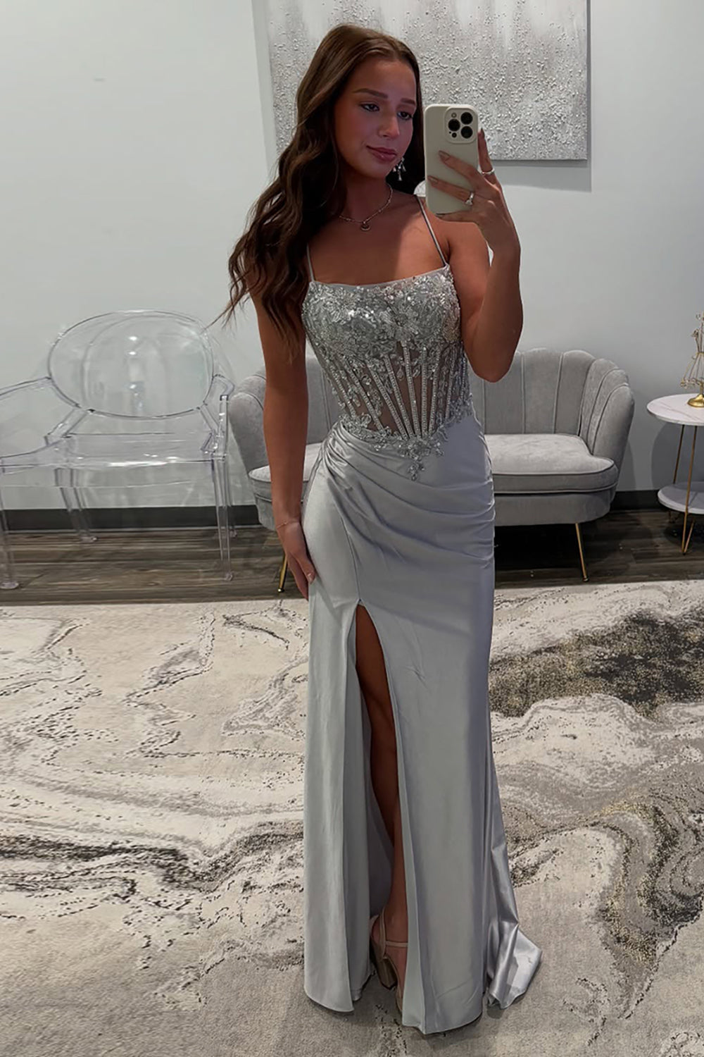Long Satin Prom Dress with Sparkly Silver Corset and Spaghetti Straps Featuring a Slit
