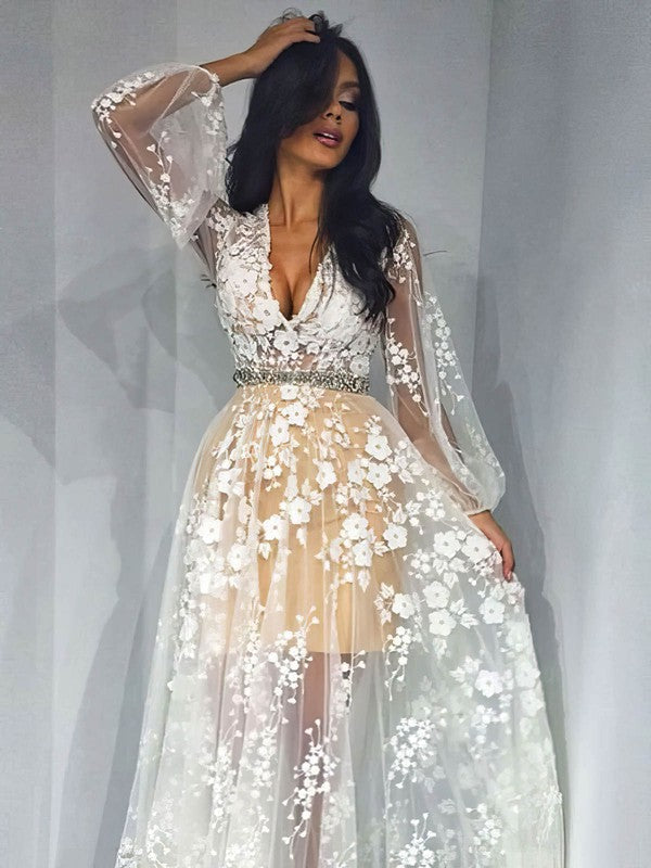 Beautiful A-Line V-Neck Long Sleeves Tulle Lace Floor-Length Wedding Dresses with Beading