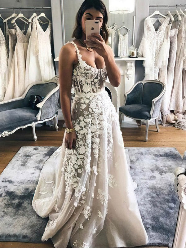 Sexy Square Neck A-Line Sleeveless Tulle Wedding Dresses