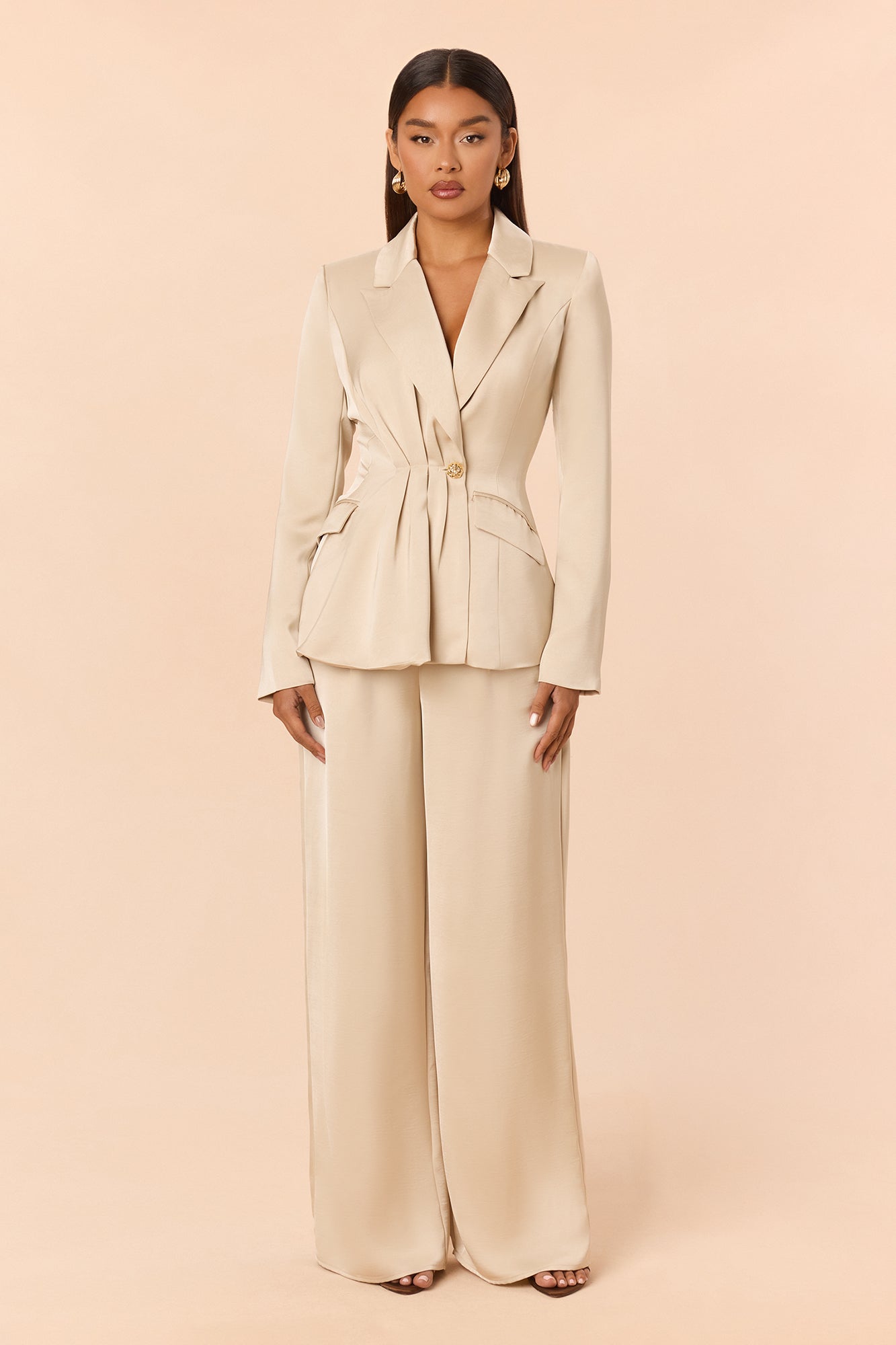 Classy As Me Satin Blazer Pant Set - Champagne