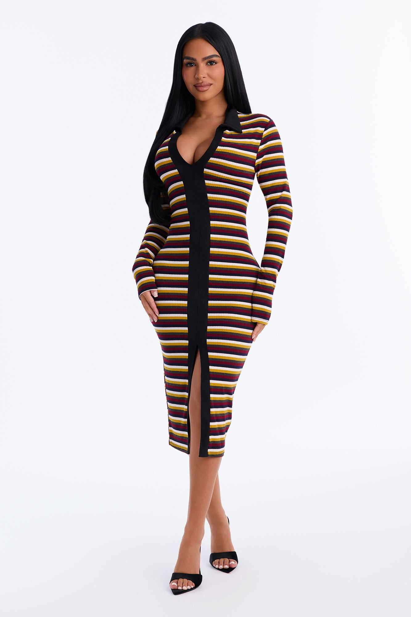 Tia Stripped Long Sleeve Midi Dress - Multi Color