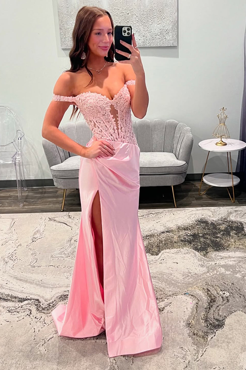 Long Satin Prom Dress in Pink with Off-the-Shoulder Corset and Lace