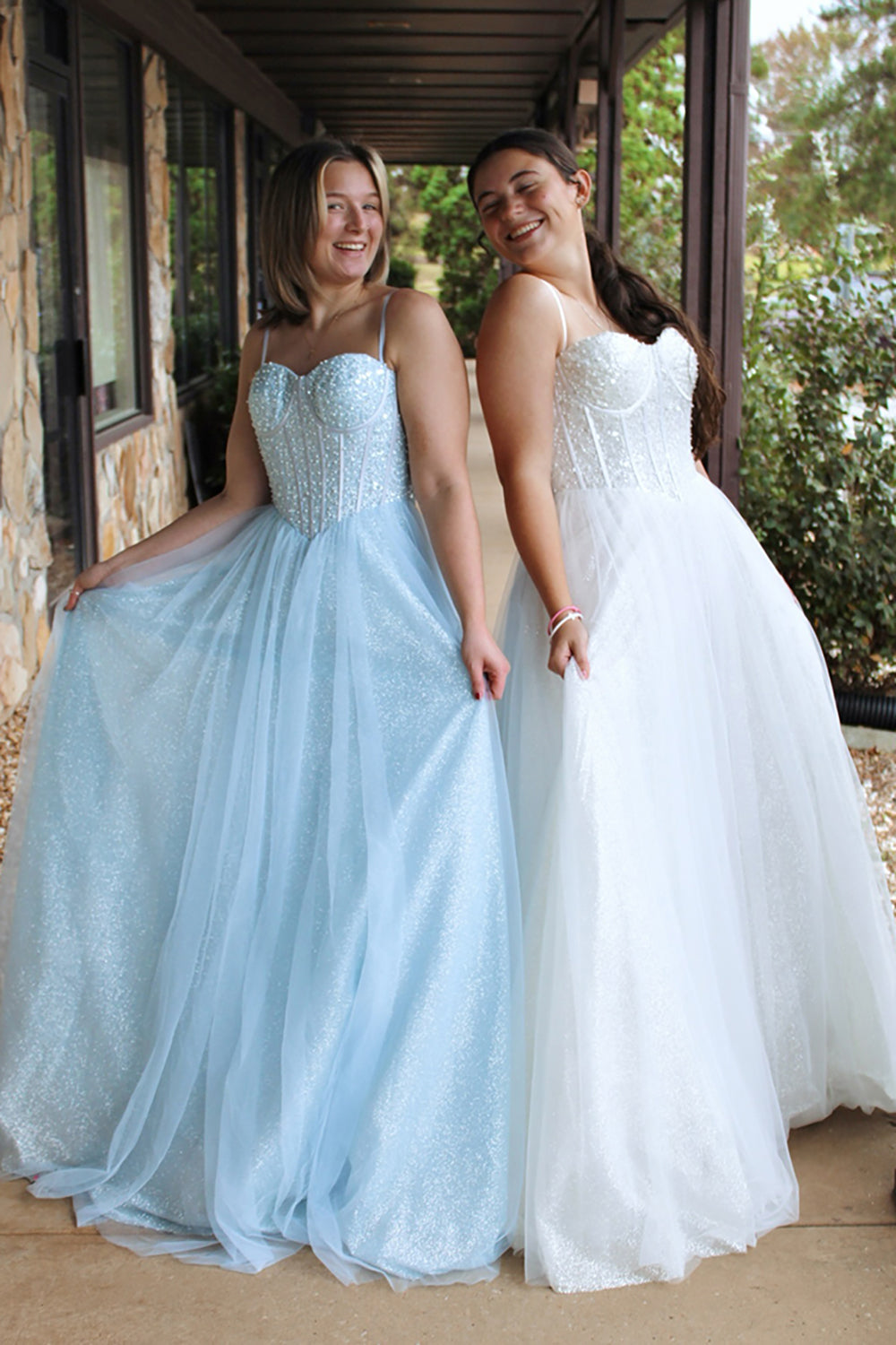 Princess Long Corset Prom Dress with Sparkly Light Blue Spaghetti Straps and Tulle