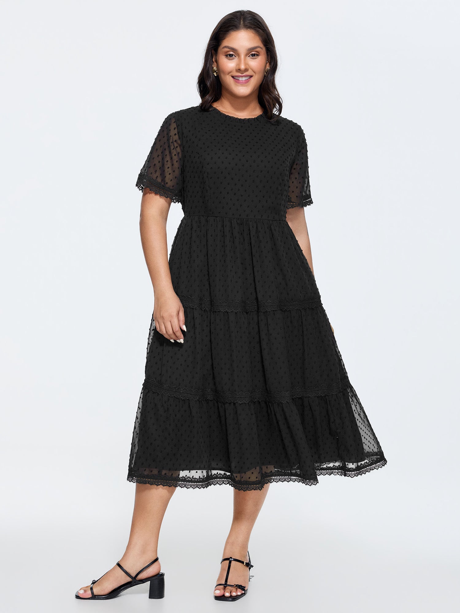 Lace Sheer Sleeve Waist-Defining Midi Dress