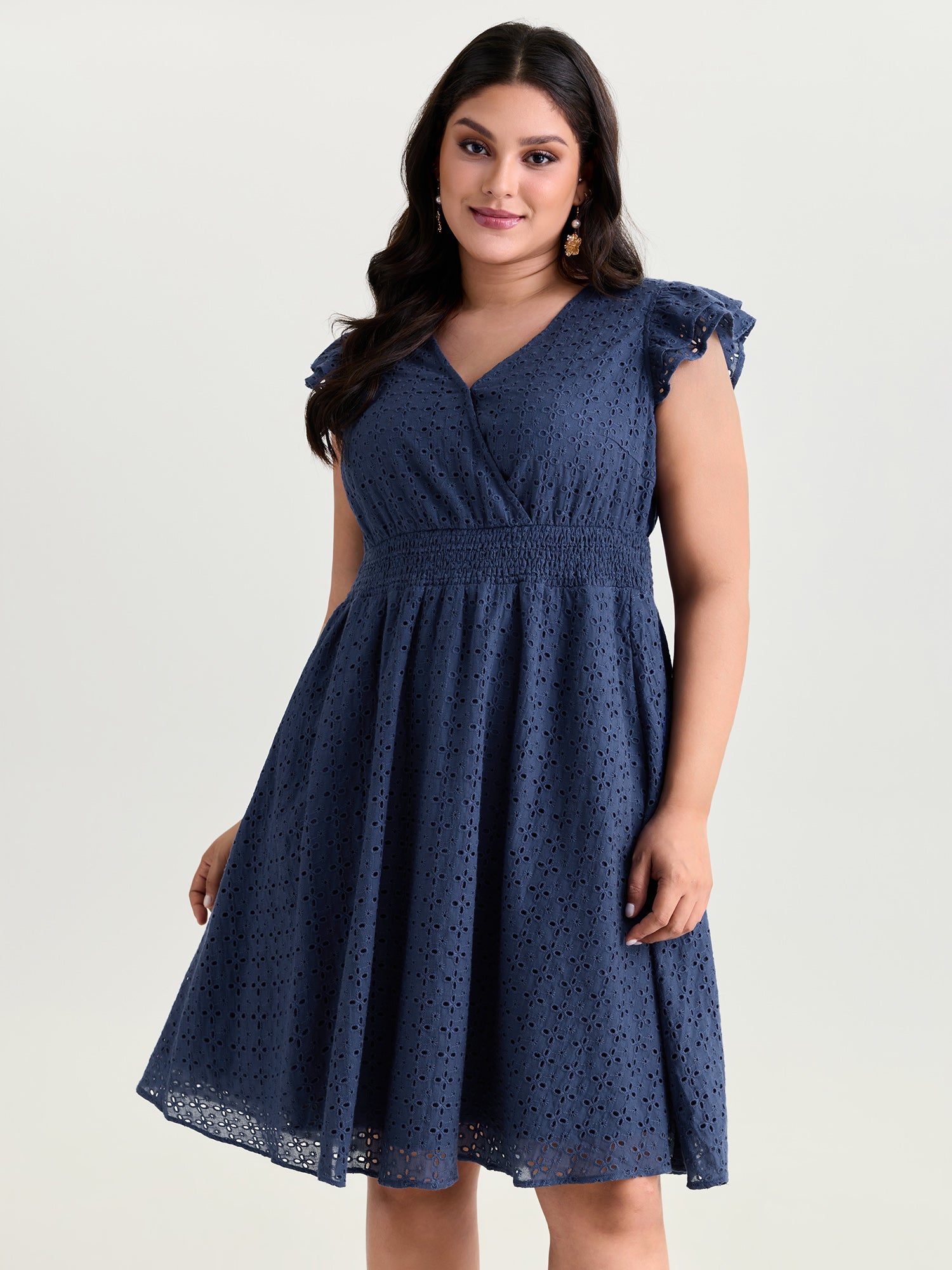 Cotton Textured Wrap Neckline Layered Sleeve Mini Dress