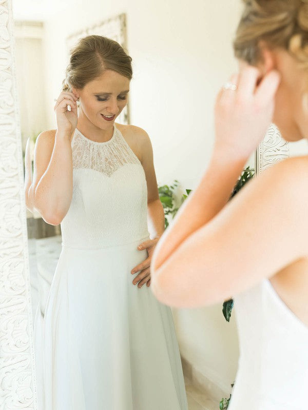 Gorgeous A-Line Halter Lace Chiffon Wedding Dresses with Sweep Train