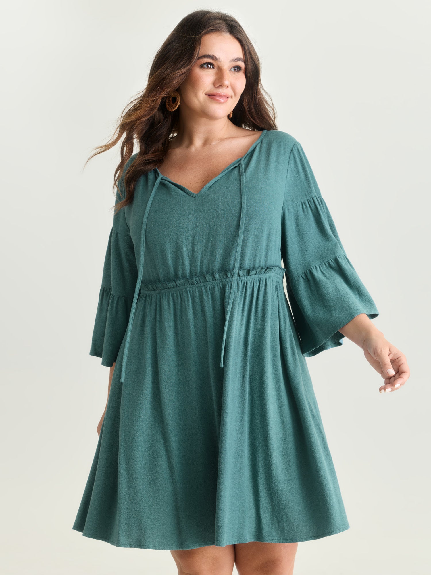 Rayon Linen Blend Tiered Sleeve Mini Dress