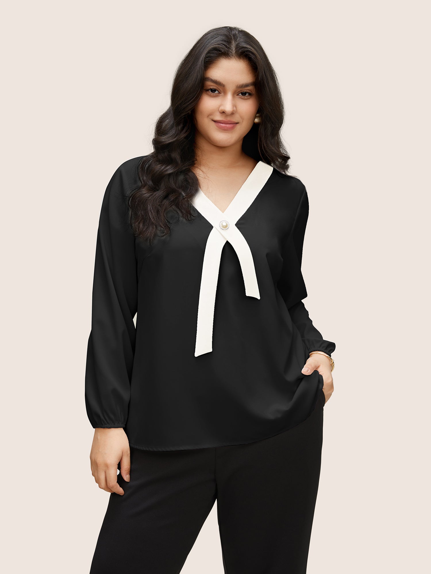 Contrast Pearl Decor Tie Decoration Blouse