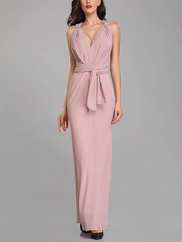 Glamorous Ankle-Length V-Neck Sleeveless Chiffon Sheath Bridesmaid Dresses with Sash