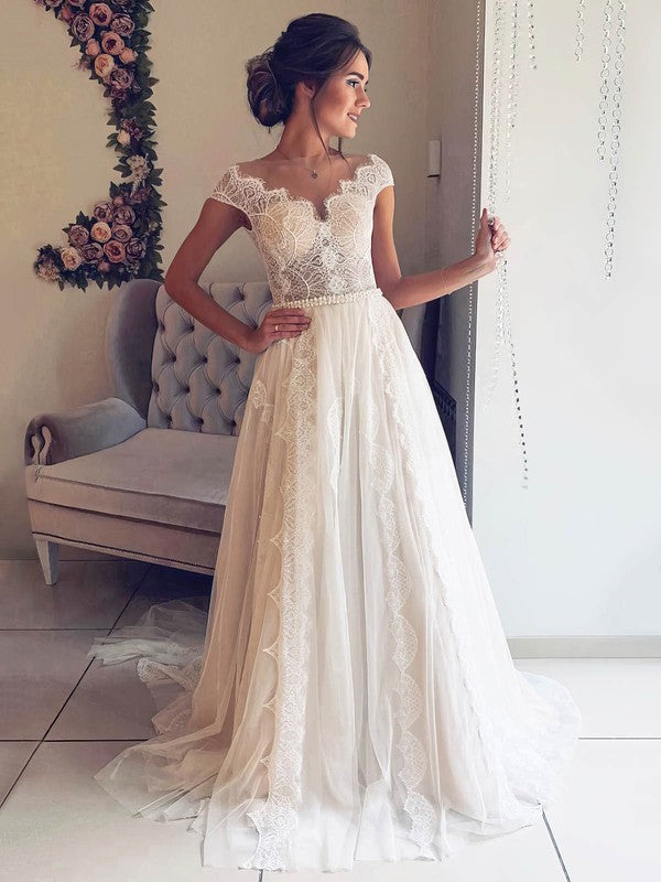 Elegant Beteau Portrait Lace A-Line Wedding Dresses with Court Train