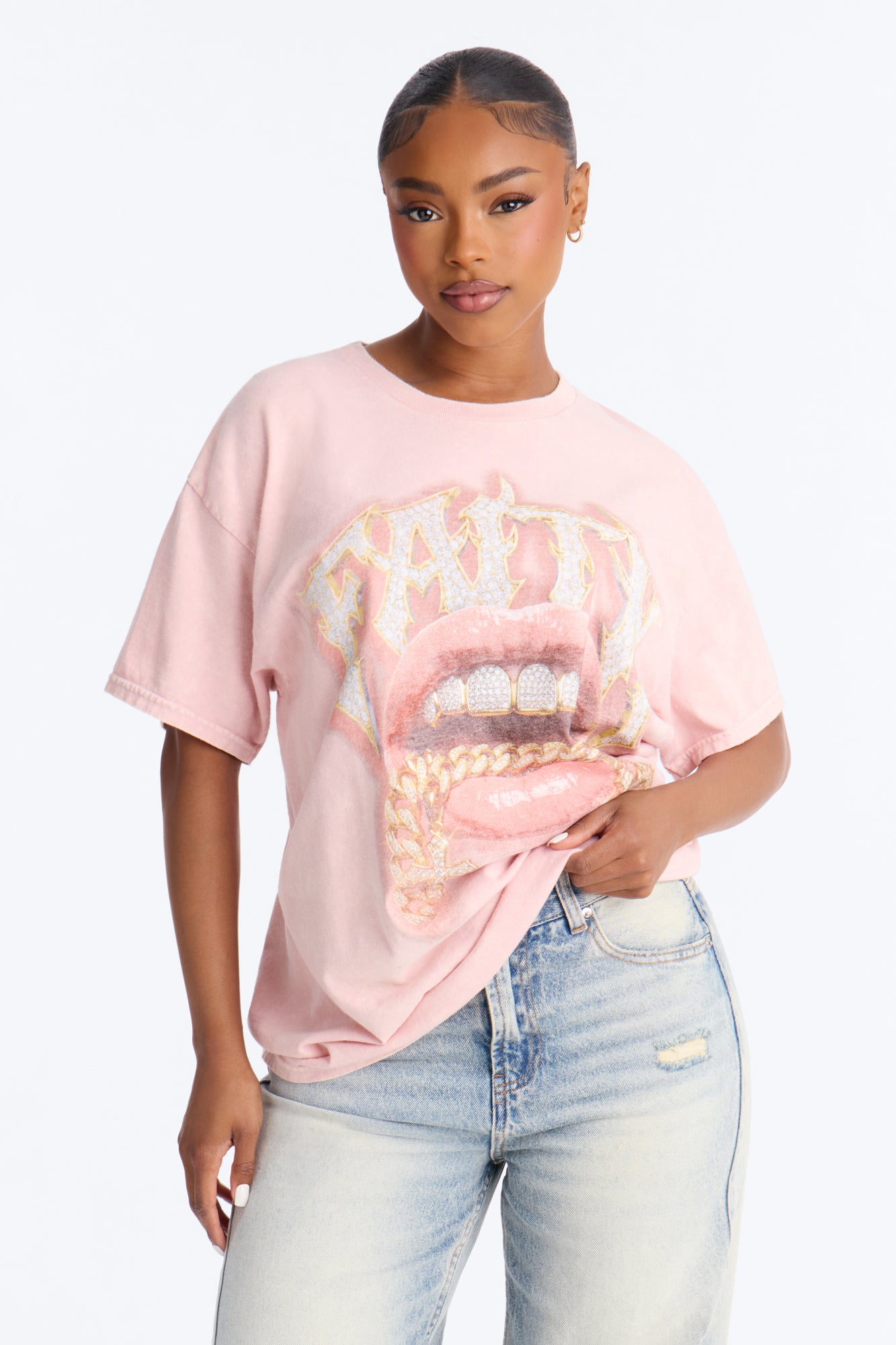 Faith In My Grillz Washed Tee - Pink