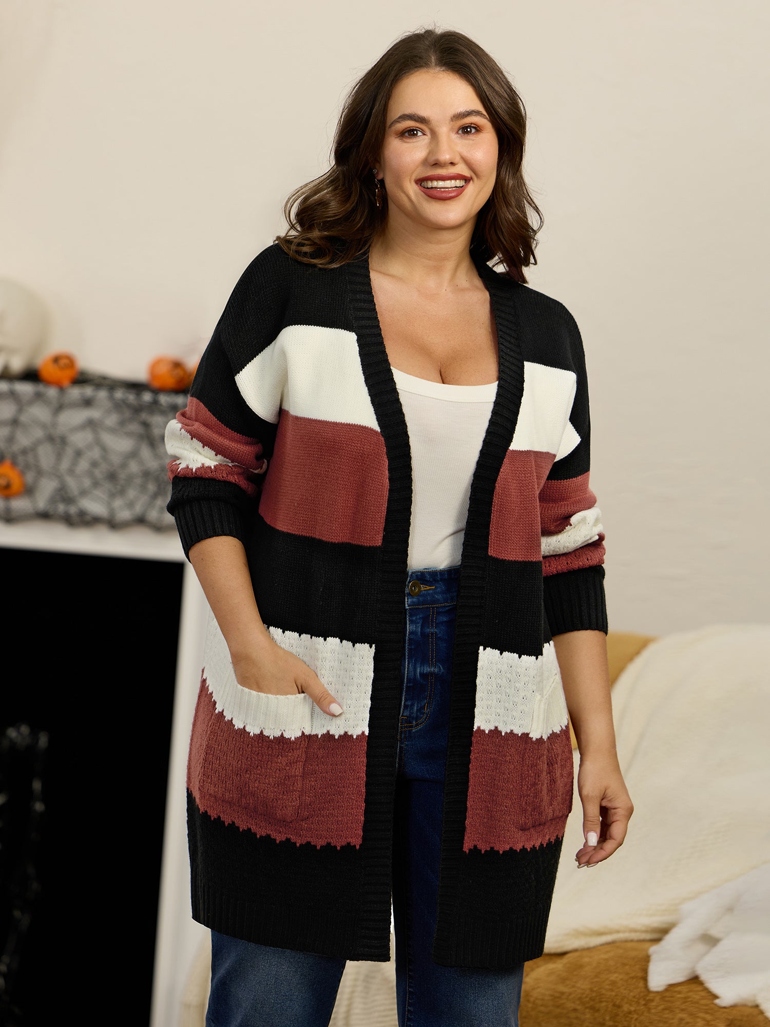 Color‑Block Stripe Pocket Open Front Cardigan