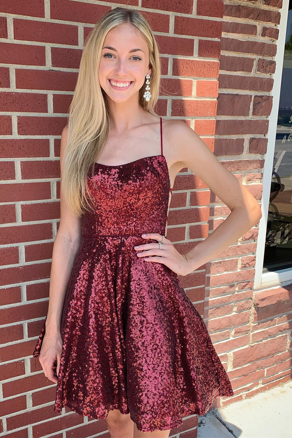 Burgundy Sequins Homecoming Dress/Mini Dress with Criss Cross Back