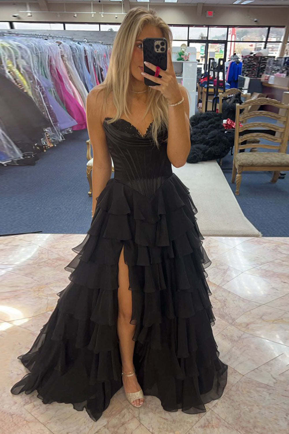 Sweetheart Black Chiffon A-Line Corset Prom Dress Featuring a Tiered Slit