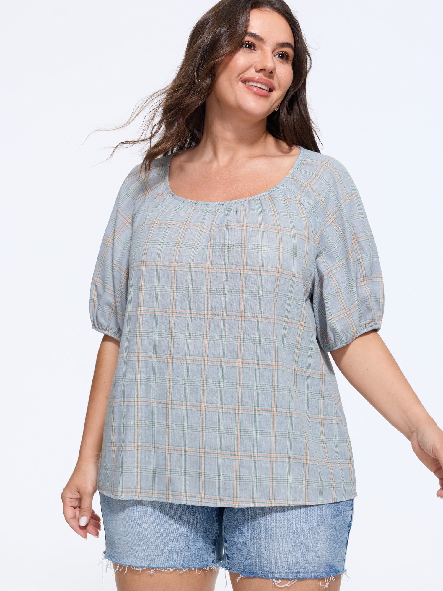 Cotton Plaid Print Gathered Puff Sleeve Loose Blouse