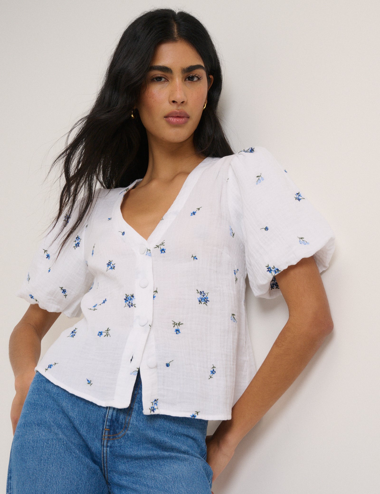 White and Blue Ditsy Floral Puff Sleeve Top