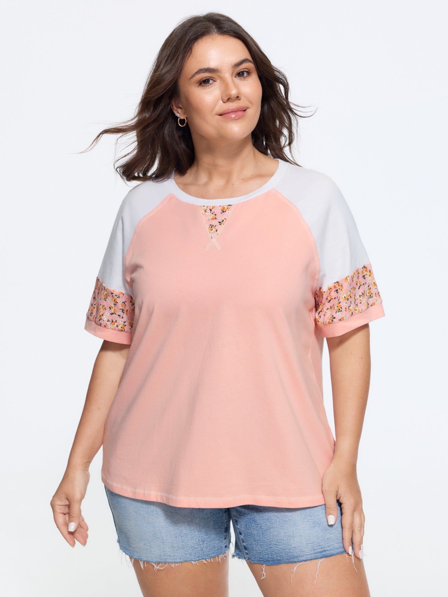 Cotton Floral Print Raglan Sleeve Patchwork T-Shirt