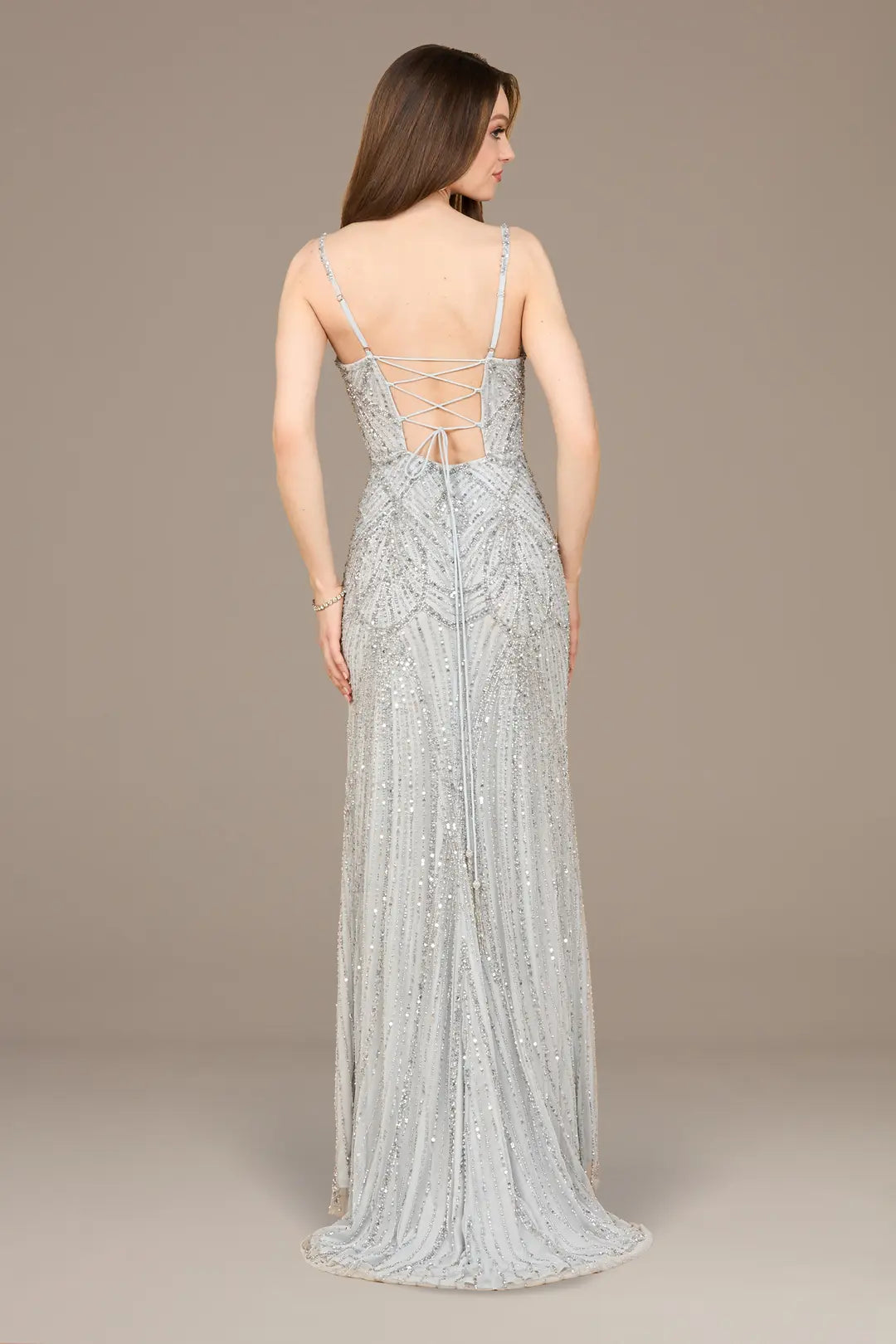 Beaded Lace-up Dress with Slit