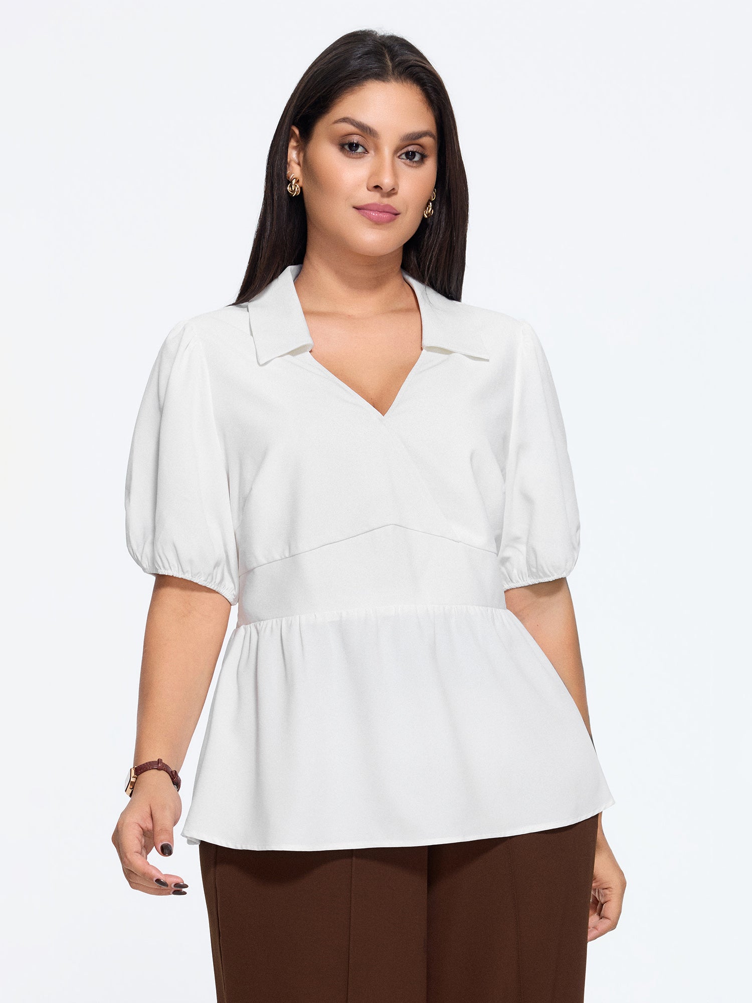 Plain Surplice Neck Shirred Waist Blouse