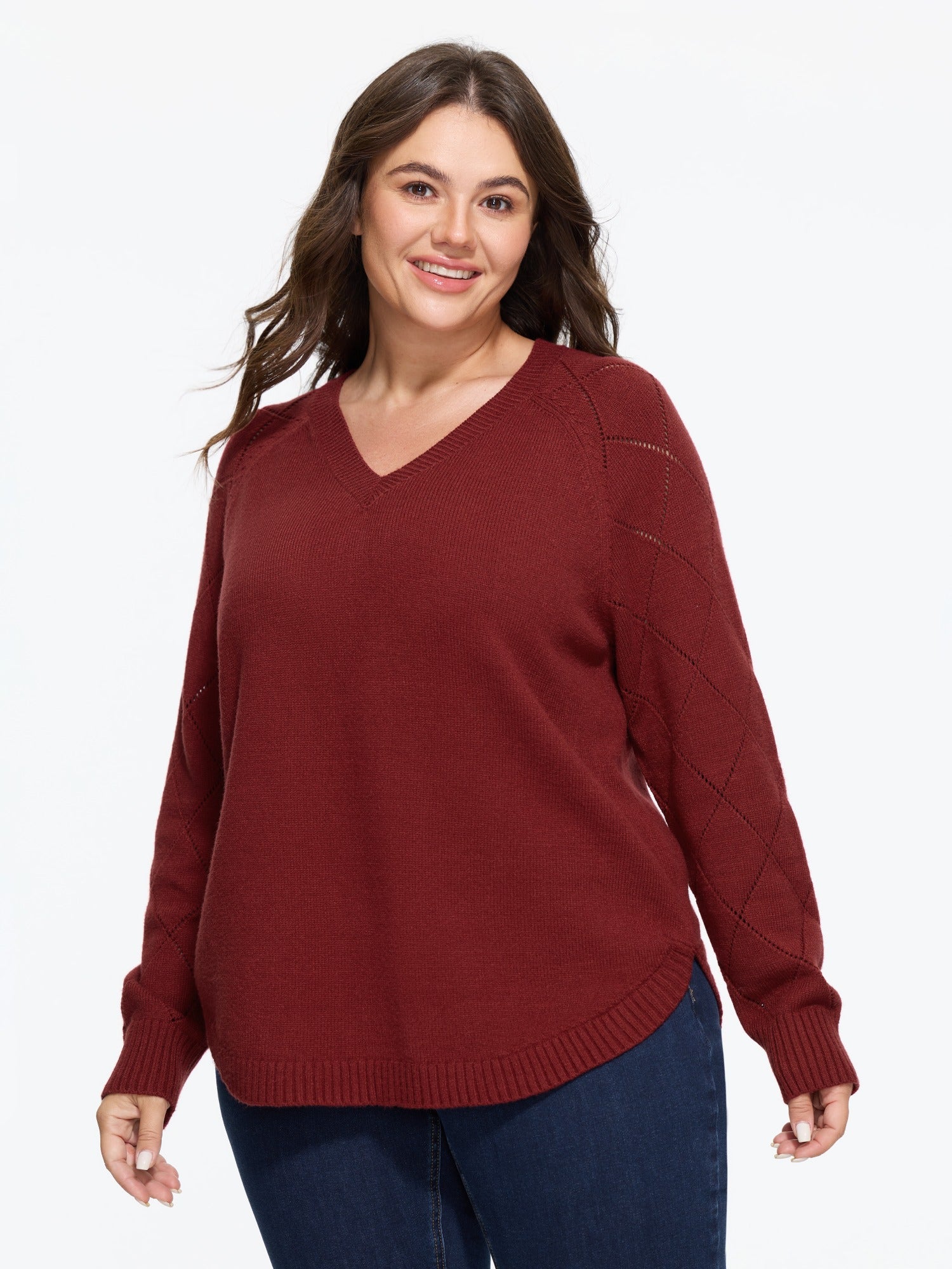 Hollow‑Out Raglan Sleeve Curved Hem Pullover