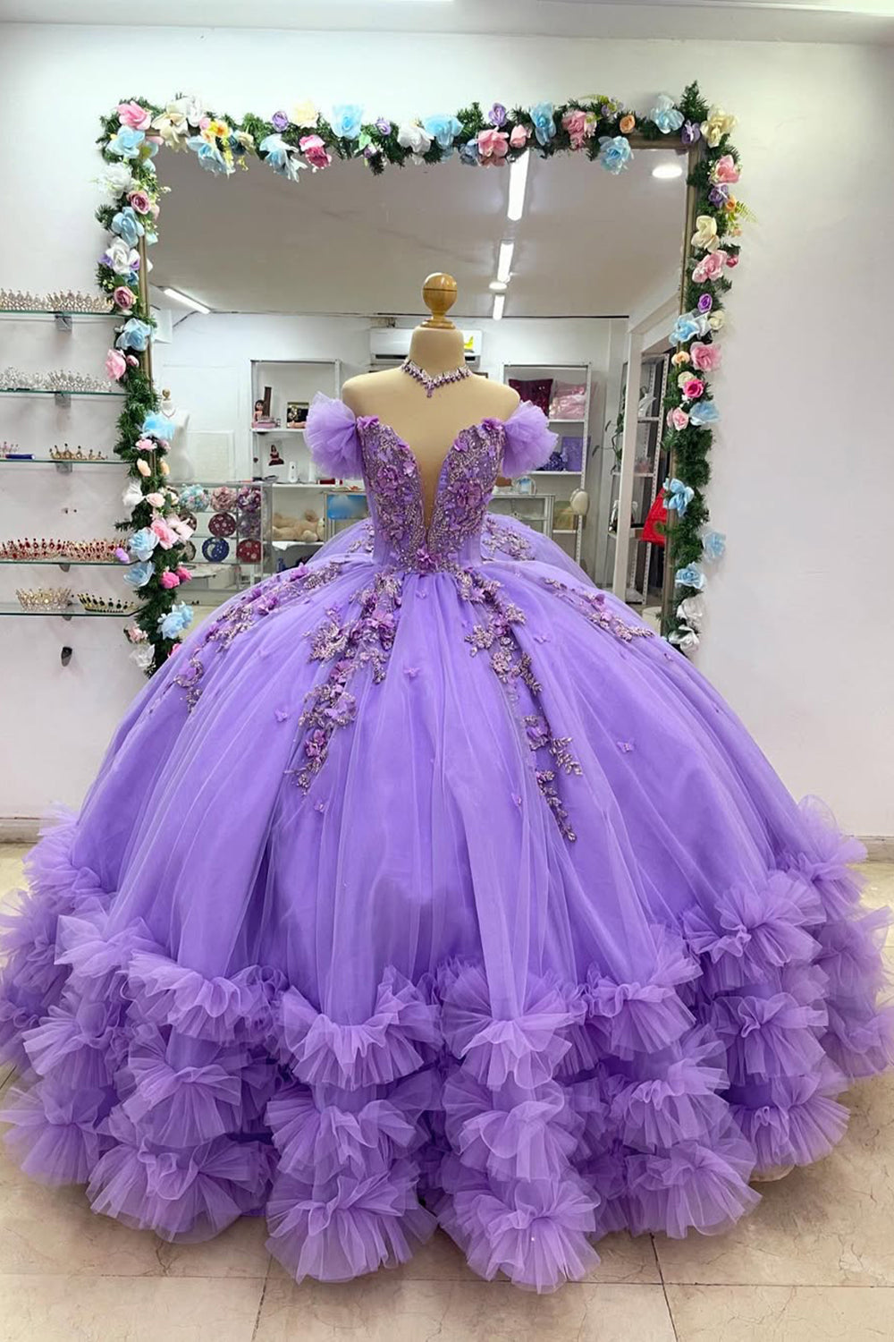 Princess Quinceanera Dress in Purple with Off-the-Shoulder Beaded Applique and Tulle Bow