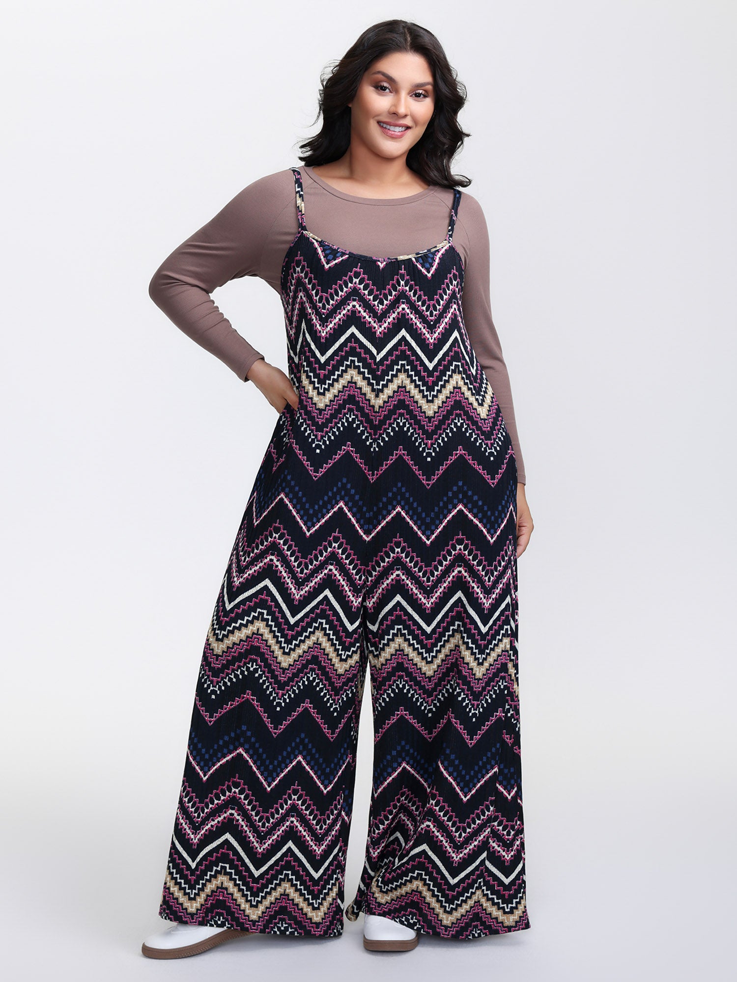 Ribbed Wavy Print Stretchy Lounge Jumpsuit