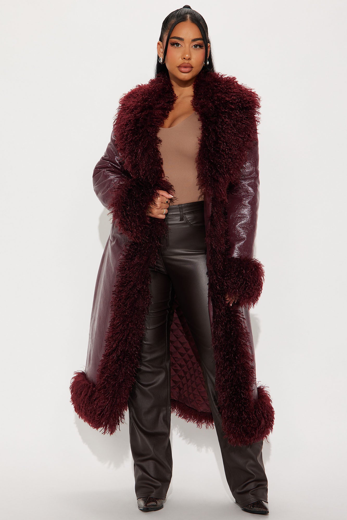 Caught In Spotlight Faux Leather Trench - Burgundy