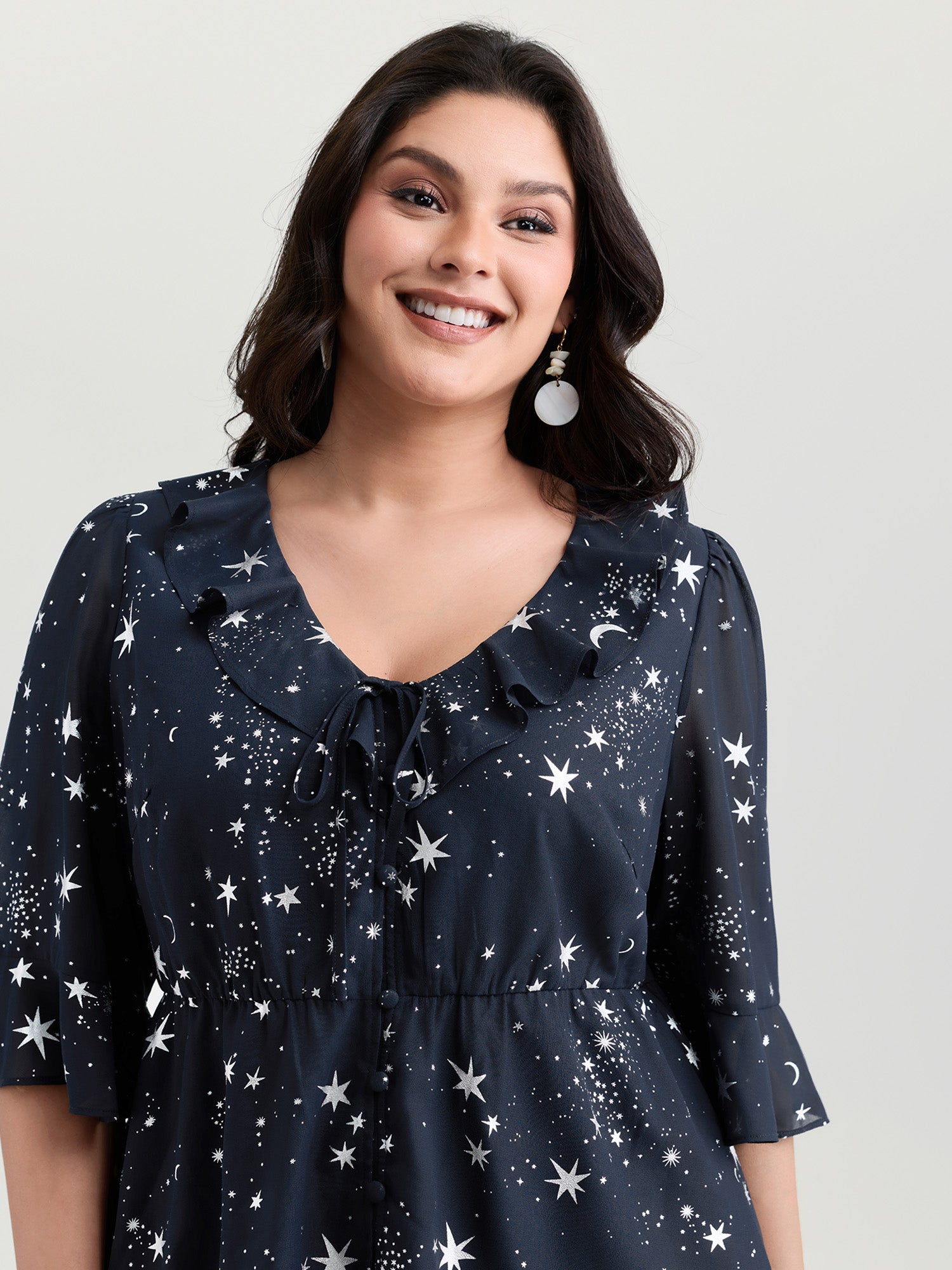 Gold Foil Star Moon Print Ruffle Blouse