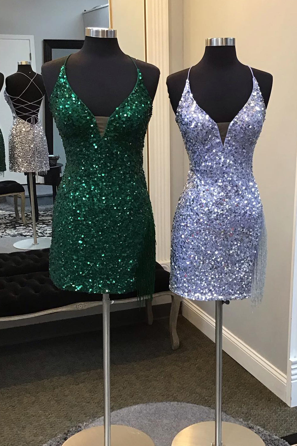Sparkly Dark Green Sequin Tight Homecoming Dress/Mini Dress with Fringes