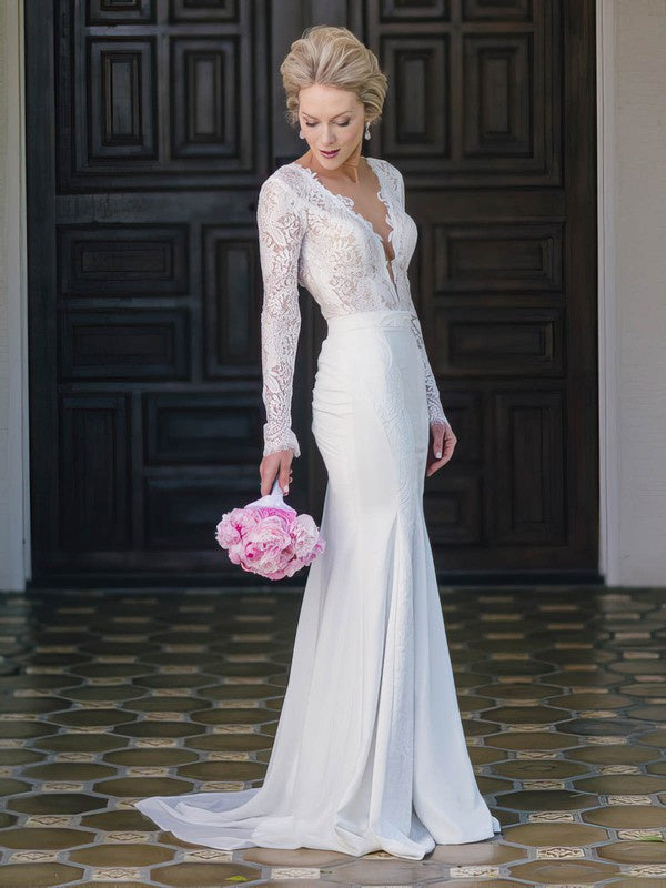 Elegant Mermaid V-Neck Long Sleeves Lace Chiffon Sweep Train Wedding Dresses