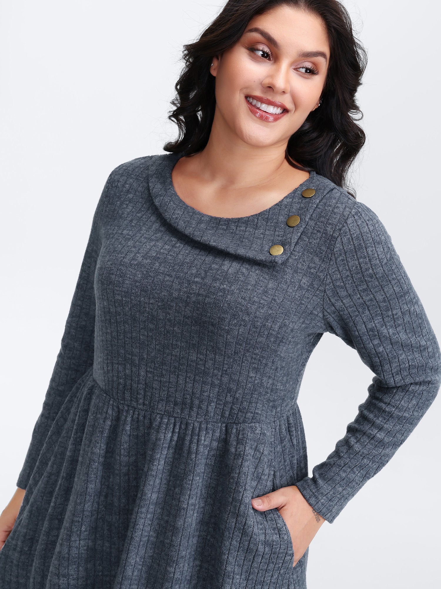 Waffle Velvety Feel Asymmetrical Neck Midi Dress