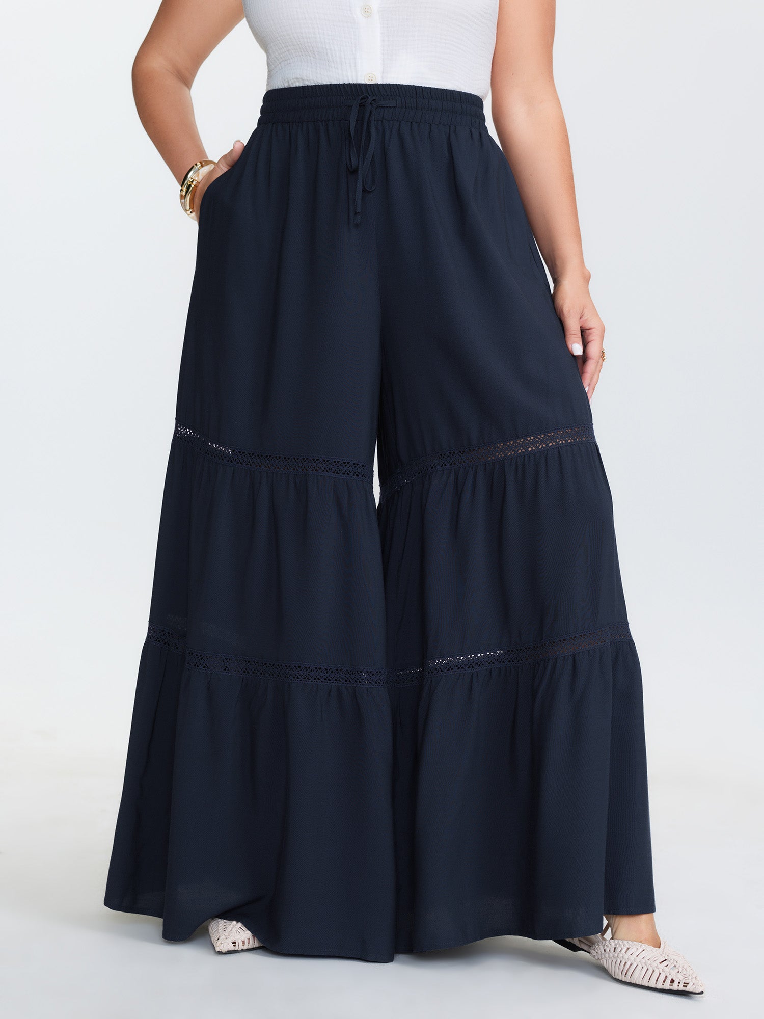 Tiered Spliced Drawstring Cut Out Flared Pants